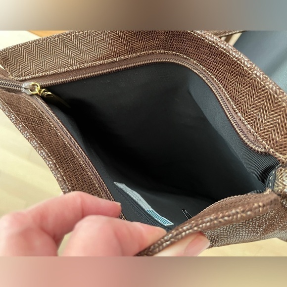 ARNOLD CHURGIN Brown Faux Leather Asymmetric Cross Body Bag Tweed Pattern - Picture 9 of 14